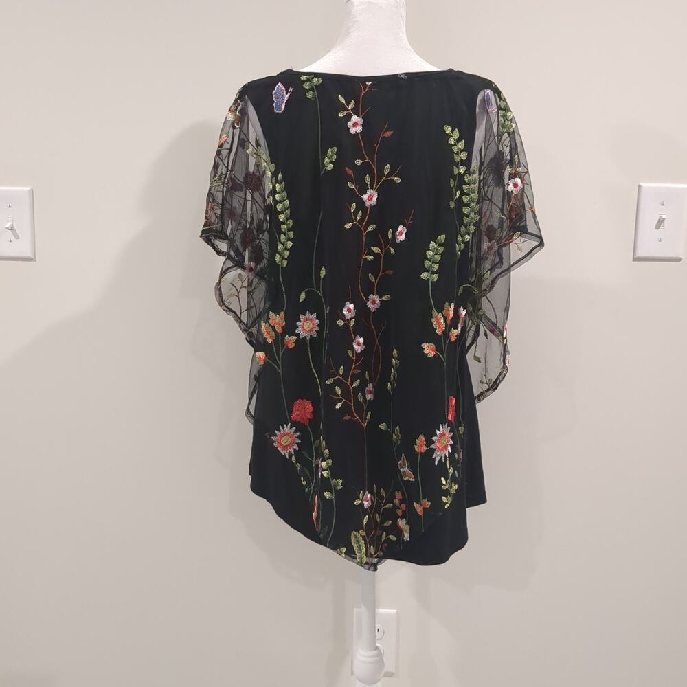 Women's Black Embroidered Sheer Mesh Top Floral Overlay Dark Fairy Boho Flowy - Picture 5 of 12